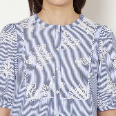 ストライプ刺繍パフスリーブブラウス（51032612） | Rose