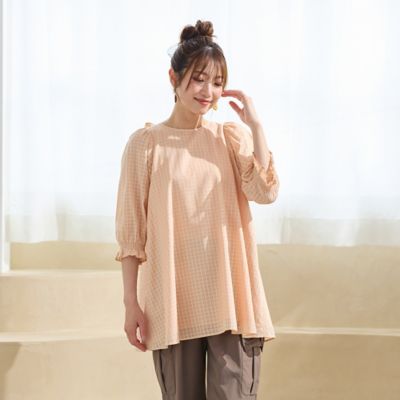 ＜Rose Tiara (Women/大きいサイズ)＞【コットン１００％／水洗い可】シースルーチェックバックリボンブラウス（５１０３４５０７）