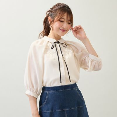 手洗いOK】襟付きフラワーモチーフブラウス（51034511