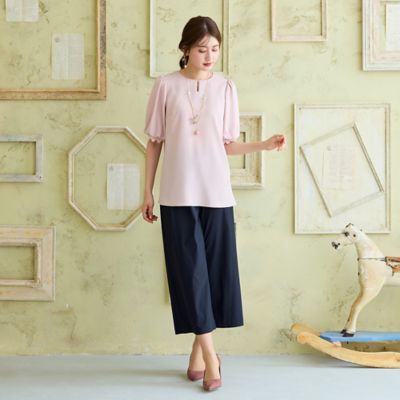 美品ローズティアラ 46大きい 接触冷感/UVカット/手洗い可ペプラムカットソー 接触冷感／UVカット／イージーケア】パフスリーブブラウス
