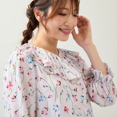 美品 大きいサイズ ローズティアラ パール ドット柄 ブラウス ネックフリルブラウス（51035402） | Rose Tiara (Women