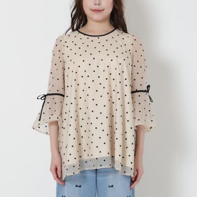 美品 大きいサイズ ローズティアラ パール ドット柄 ブラウス オパールドットリボンブラウス（51021501） | Rose