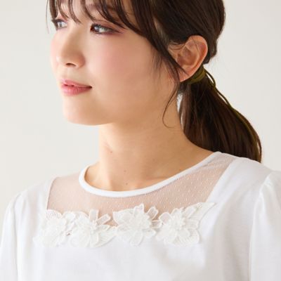 ＜Rose Tiara (Women/大きいサイズ)＞【大人気シリーズ】【接触冷感／綿１００％】ドットチュールフラワーカットソー（５１１２２６０２）