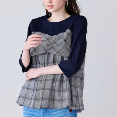 人気デザイン】レイヤード風カットソー／チェック（51122607A