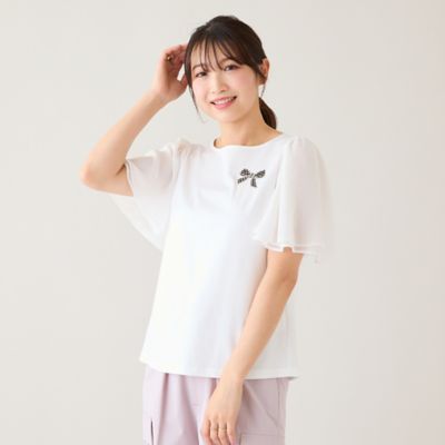 ＜Rose Tiara (Women/大きいサイズ)＞【接触冷感／綿１００％】リボンワッペンフレア袖カットソー（５１１２３６０３）