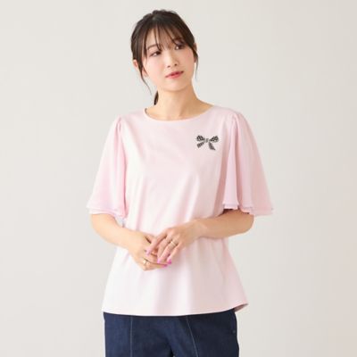 新品未使用 ローズティアラ フリル袖カットソー 46 接触冷感／綿100％】リボンワッペンフレア袖カットソー
