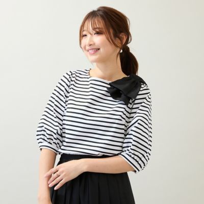 ＜Rose Tiara (Women/大きいサイズ)＞【接触冷感／綿１００％／手洗いＯＫ】ビッグリボンカットソー／ボーダー（５１１２４５０６Ａ）