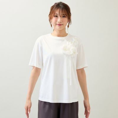 【接触冷感／綿１００％／手洗いＯＫ】巻きバラ刺繍カットソー（５１１２４５１１）