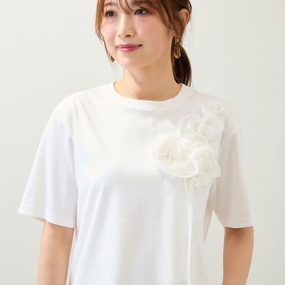 【接触冷感／綿１００％／手洗いＯＫ】巻きバラ刺繍カットソー（５１１２４５１１）