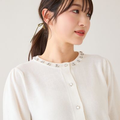 ＜Rose Tiara (Women/大きいサイズ)＞【綿１００％】鹿の子編みビジューカーディガン（５１１３２６０４）
