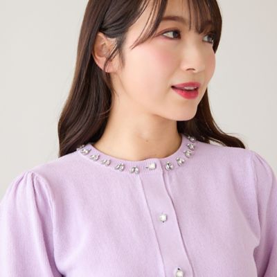 【新品】ローズティアラ ビジュー カーディガン クルーネック ミントグリーン 綿100％】鹿の子編みビジューカーディガン（51132604