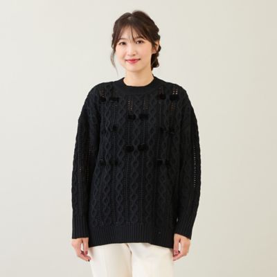 新品同様 ローズティアラ 大きいサイズ46 洗える リボン ペプラムプルオーバー リボン×ケーブル編みニットプルオーバー（51136511） | Rose