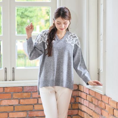 レース×ビーズ使いVネックニットプルオーバー（51136606