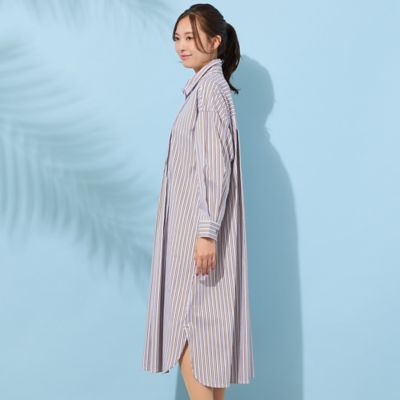 手洗いOK】ストライプ・フロントタックシャツワンピース