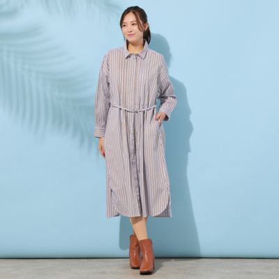 手洗いOK】ストライプ・フロントタックシャツワンピース