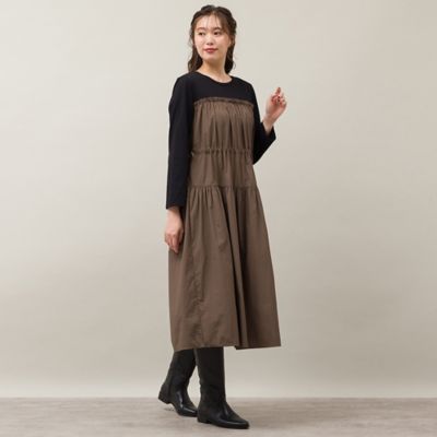 タフタ×天竺ドッキングギャザーワンピ（５６０１５４０１）