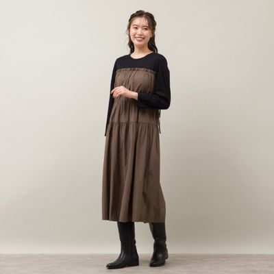 タフタ×天竺ドッキングギャザーワンピ（５６０１５４０１）