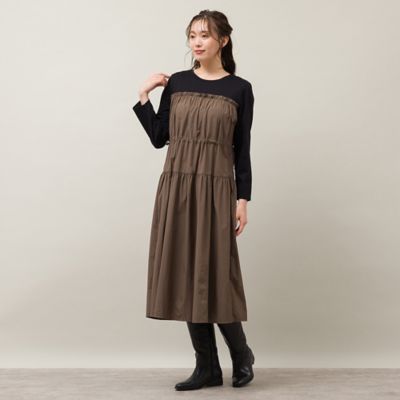 タフタ×天竺ドッキングギャザーワンピ（５６０１５４０１）