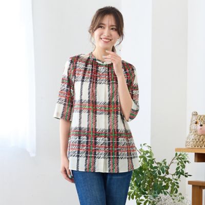 手洗いOK・綿100％】コットンチェックセットインスリーブブラウス