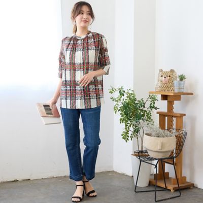 手洗いOK・綿100％】コットンチェックセットインスリーブブラウス