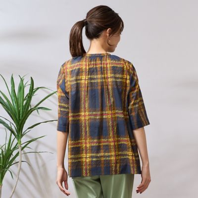 手洗いOK・綿100％】コットンチェックセットインスリーブブラウス