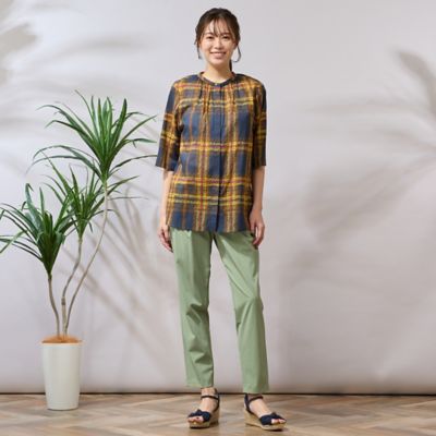 手洗いOK・綿100％】コットンチェックセットインスリーブブラウス