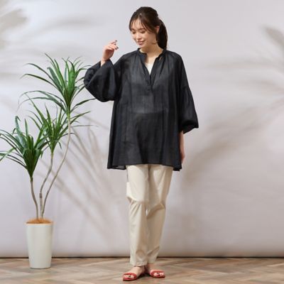 美品 群言堂 登美 リネンブラウス ビックシルエット チェック柄 スキッパー セール】シルクドビーチェックビックシルエット シャツ羽織