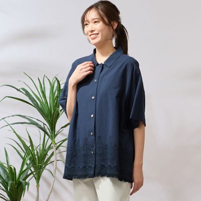 【手洗いＯＫ・綿１００％】刺繍加工裾フリンジシャツ（５６０３３５０４）