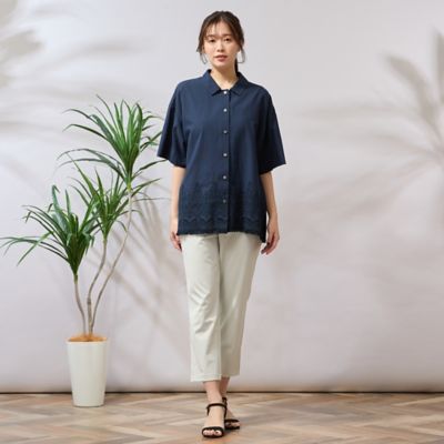 【手洗いＯＫ・綿１００％】刺繍加工裾フリンジシャツ（５６０３３５０４）