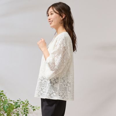 ラッセルレース・ローン配色ノーカラーブラウス（５６０３３５０８）