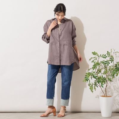 極美品♪ビアズリー リネンコットン デザインボタン ボーダー オーバーシャツ リネン100％・手洗いOK】ビッグポケットオーバーシャツ