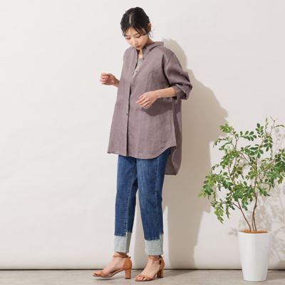 極美品♪ビアズリー リネンコットン デザインボタン ボーダー オーバーシャツ リネン100％・手洗いOK】ビッグポケットオーバーシャツ
