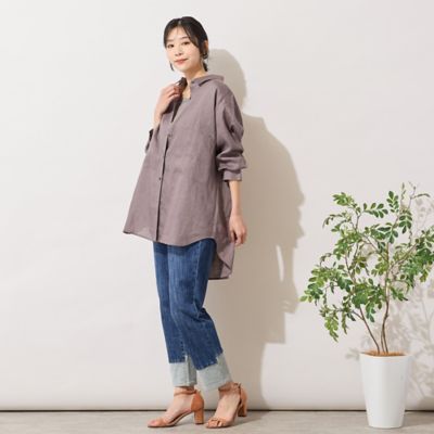 極美品♪ビアズリー リネンコットン デザインボタン ボーダー オーバーシャツ リネン100％・手洗いOK】ビッグポケットオーバーシャツ