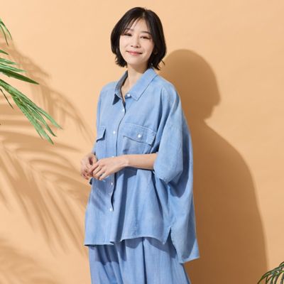 ＜PISANO＞【綿１００％・手洗いＯＫ・セットアップ対応】ブラスト加工クロップトデニムシャツ（５６０３３６０４）