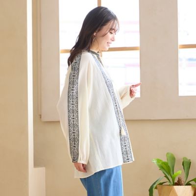 手洗いOK・綿100％】綿楊柳刺繍ラグランスリーブブラウス
