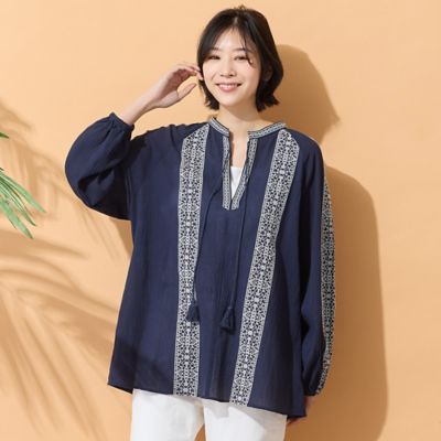 手洗いOK・綿100％】綿楊柳刺繍ラグランスリーブブラウス
