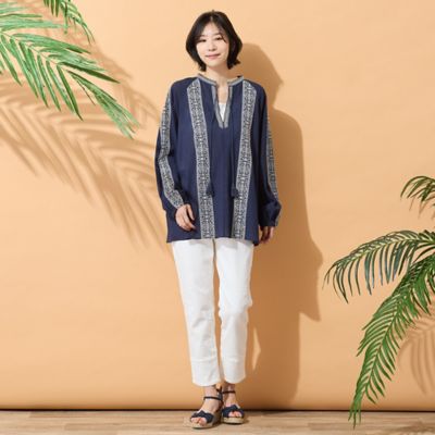 JNBY 綿100% 刺繍ジャガードドルマンスリーブブラウス　Vネック　ネイビー 手洗いOK・綿100％】綿楊柳刺繍ラグランスリーブブラウス