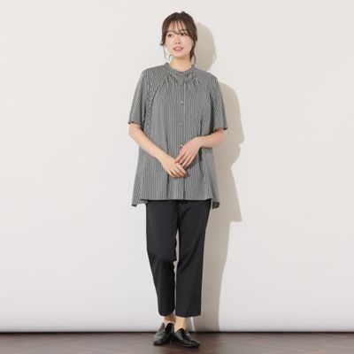 【手洗いＯＫ・接触冷感】ブロックストライプ・襟ぐりタックテントラインブラウス（５６０３４５０３）
