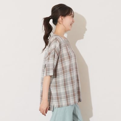 【手洗いＯＫ】キュプラチェック・ノーカラーブラウス（５６０３４５０６）