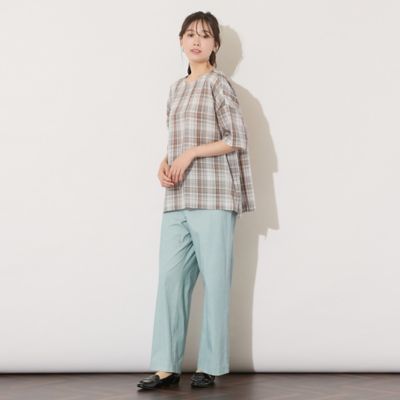 【手洗いＯＫ】キュプラチェック・ノーカラーブラウス（５６０３４５０６）