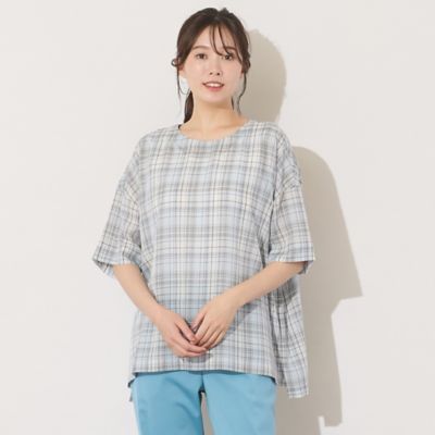 【手洗いＯＫ】キュプラチェック・ノーカラーブラウス（５６０３４５０６）
