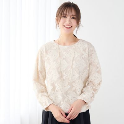 ＜PISANO＞【手洗いＯＫ】チュールジャカード・ラウンドネックギャザーブラウス（５６０３５５１１）