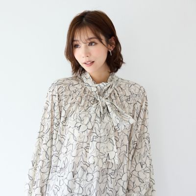 Sov. フラワープリントリボン付きブラウス ベージュ 36 手洗いOK】フラワープリント・マルチWAYリボン付きブラウス