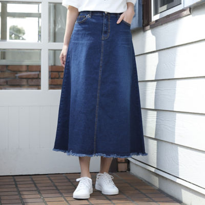 【送料無料】大きいサイズ デニム・裾フリンジスカート ダルブルー