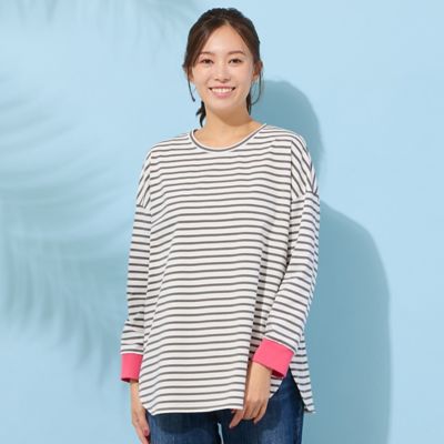 ＜PISANO＞【手洗いＯＫ・綿１００％・接触冷感・紫外線防止】ラウンドヘムボーダートップ（５６１２１６０６）