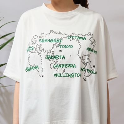 【手洗いＯＫ・綿１００％】世界地図プリント＆刺繍カットソー（５６１２３５１２）