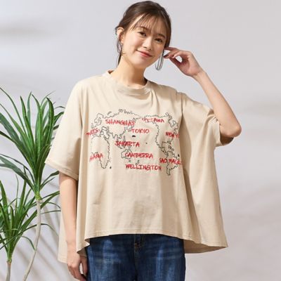 【手洗いＯＫ・綿１００％】世界地図プリント＆刺繍カットソー（５６１２３５１２）