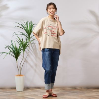 【手洗いＯＫ・綿１００％】世界地図プリント＆刺繍カットソー（５６１２３５１２）