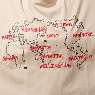 【手洗いＯＫ・綿１００％】世界地図プリント＆刺繍カットソー（５６１２３５１２）