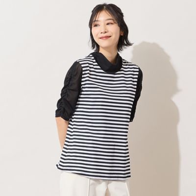 ＜PISANO＞【手洗いＯＫ】チュール配色ギャザースリーブカットソー（５６１２３６０１）